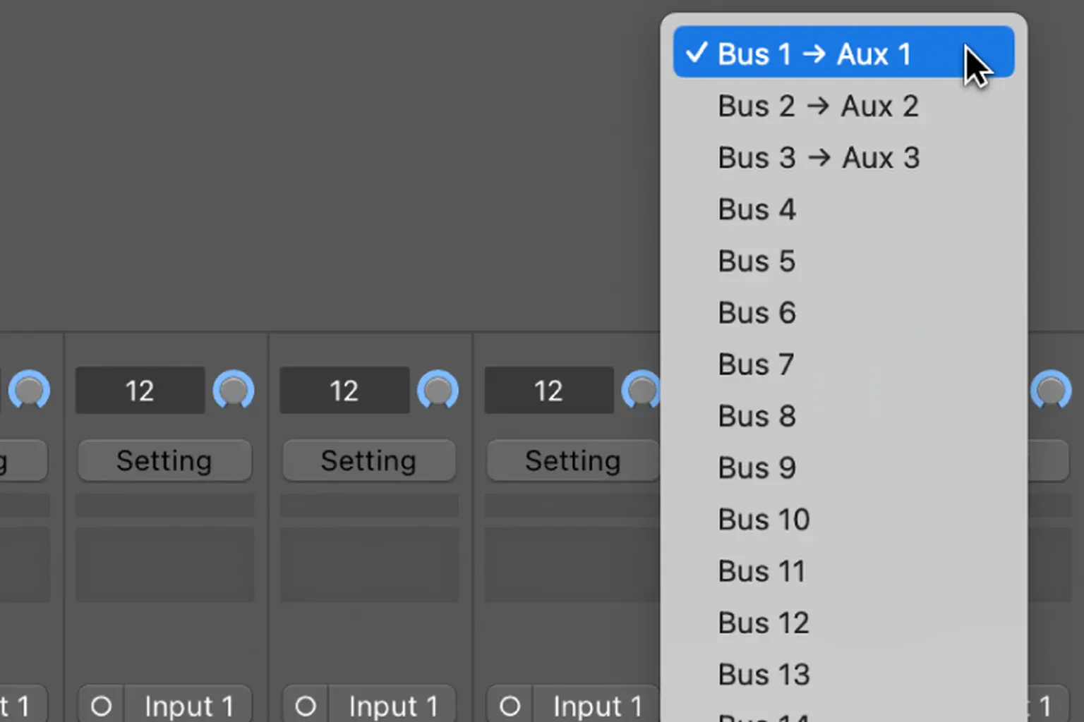 Logic Pro mixer bus menu assigning a channel send to Bus 1 and its Aux 1 return