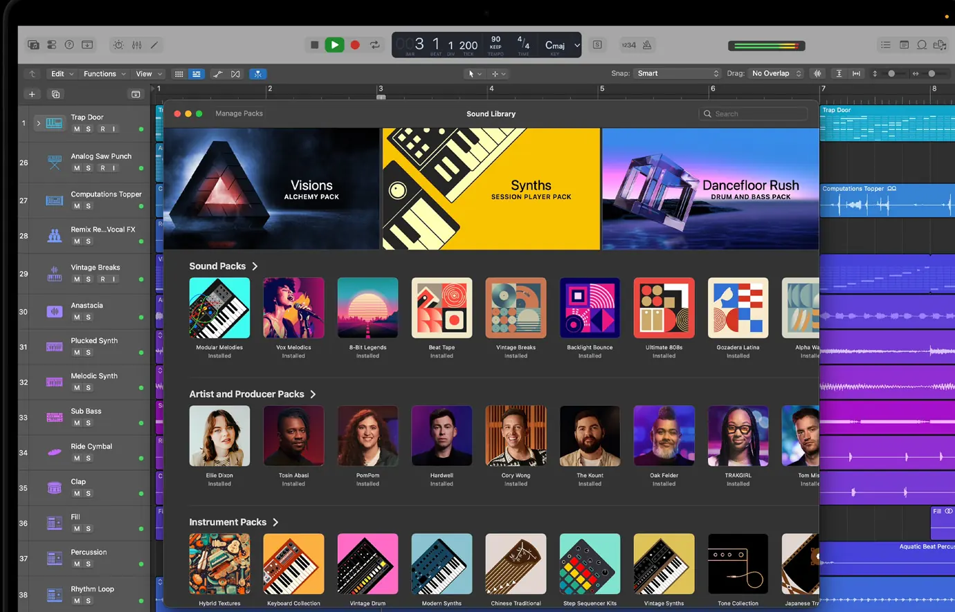 Logic Pro Sound Library with Sound Packs, producer packs, and instrument packs