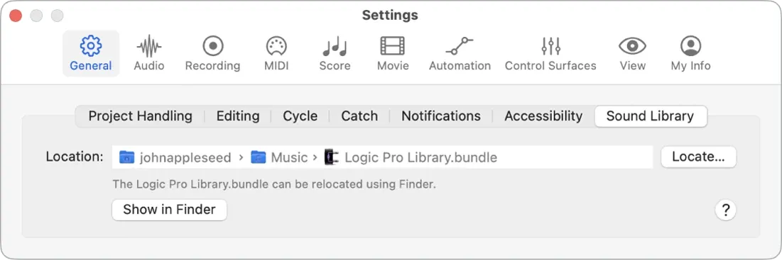 Logic Pro Sound Library settings showing Logic Pro Library.bundle location and Locate button