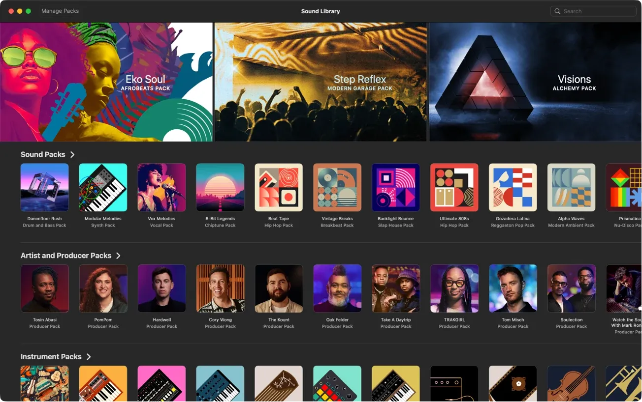 Logic Pro 12.3 Sound Library with Manage Packs, Search, and sound pack categories