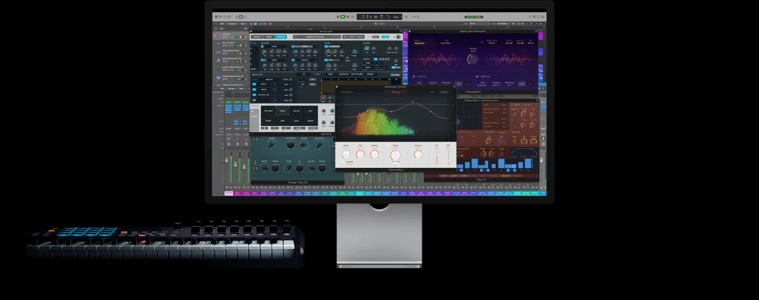Logic Pro instruments, effects and multitrack workspace on a Studio Display