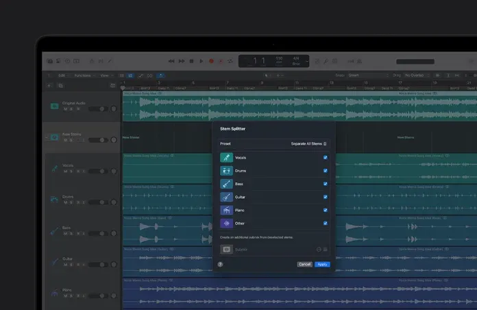 Logic Pro Stem Splitter separating vocals, bass, guitar, drums and piano