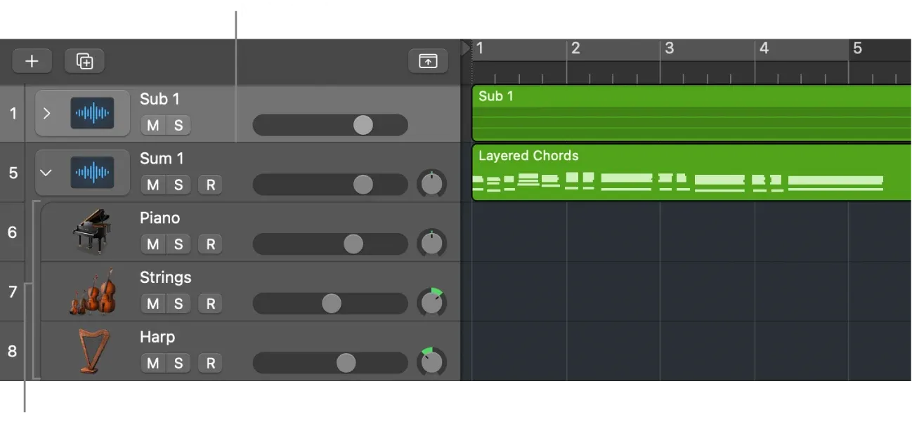 Summing Stack main track with piano, strings, and harp subtracks in Logic Pro 12.3