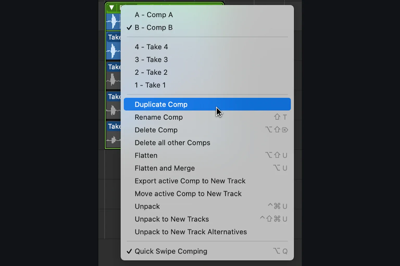 Logic Pro take folder menu with Duplicate Comp, Flatten, and Flatten and Merge