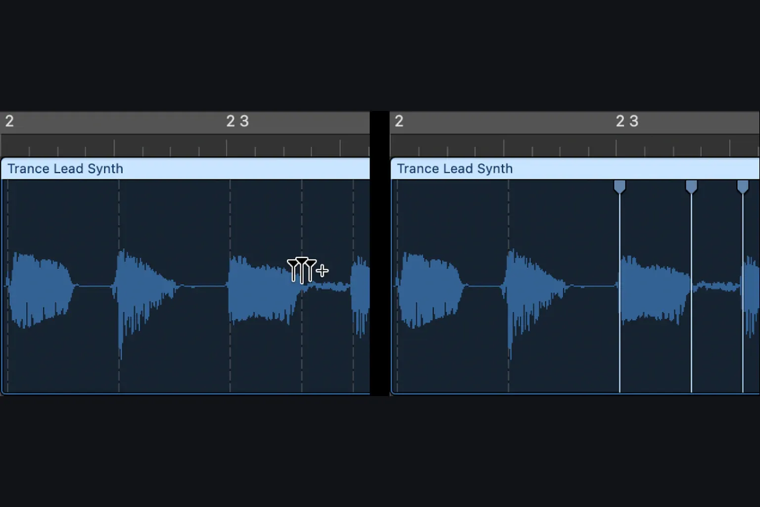 Logic Pro audio region before and after adding three flex markers