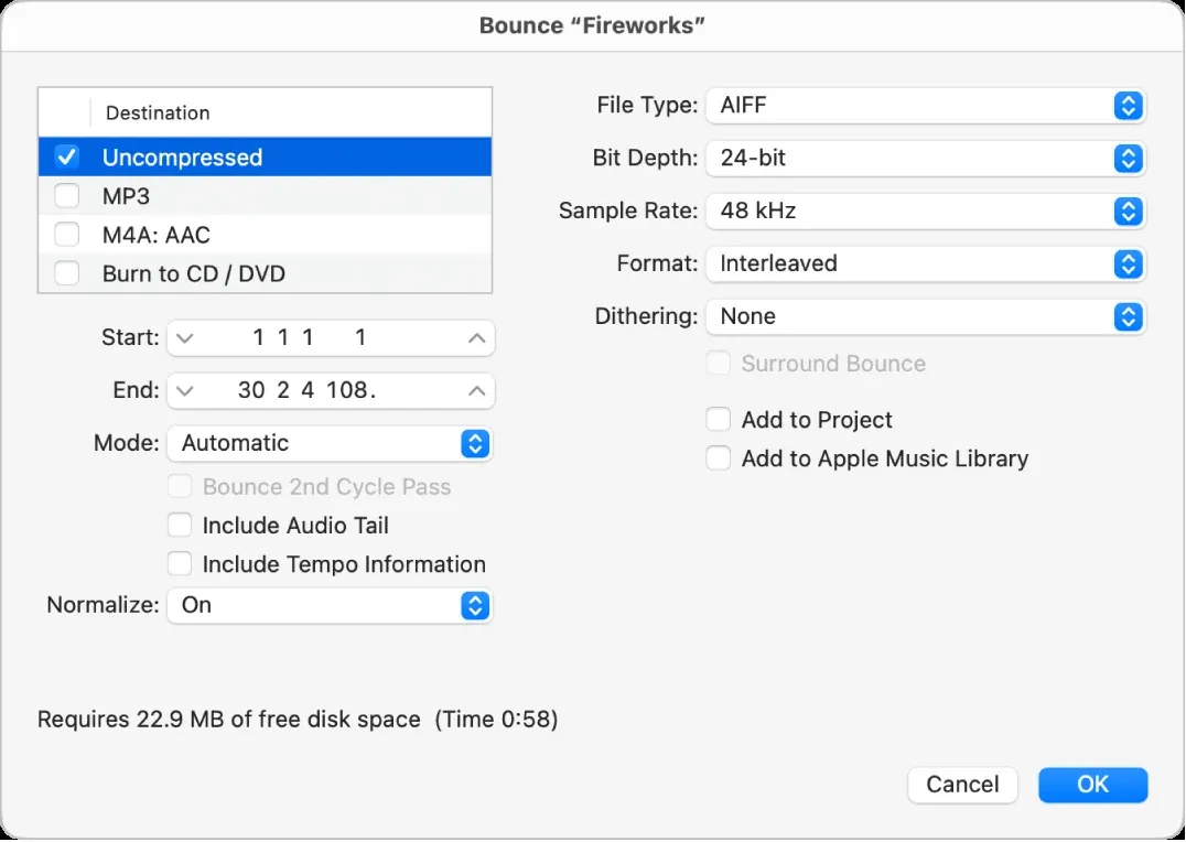 Logic Pro Uncompressed bounce options for file type bit depth and sample rate