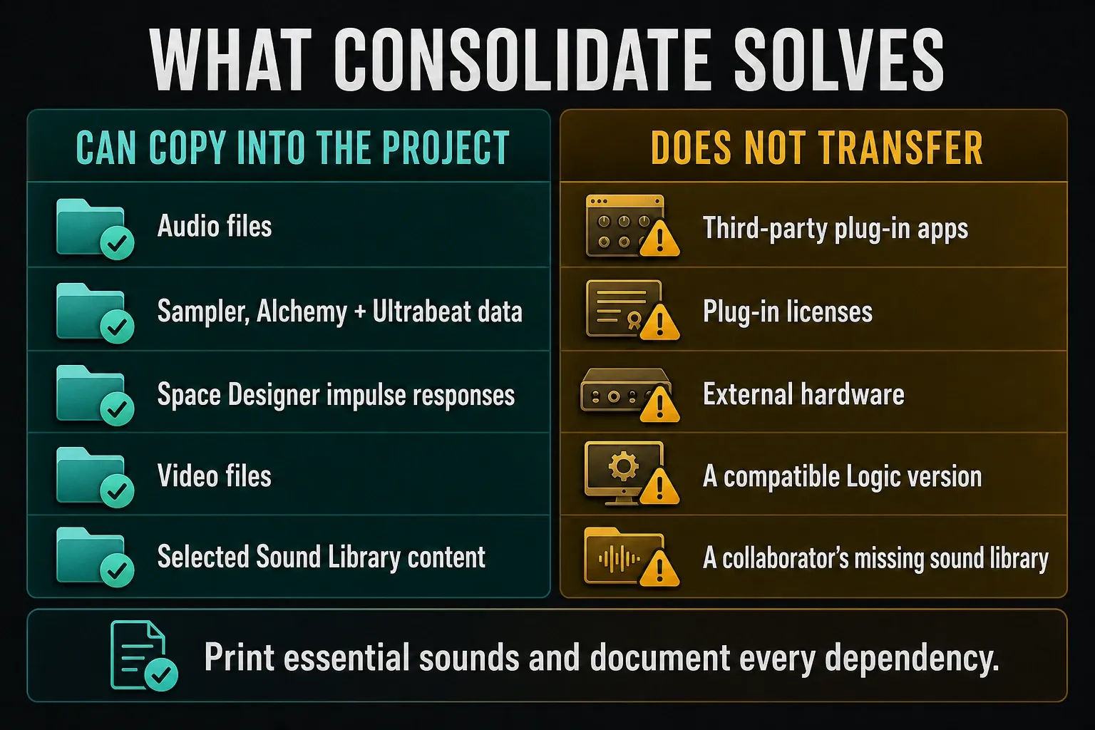 Logic Pro Consolidate asset types compared with plug-ins, licenses and hardware it cannot transfer