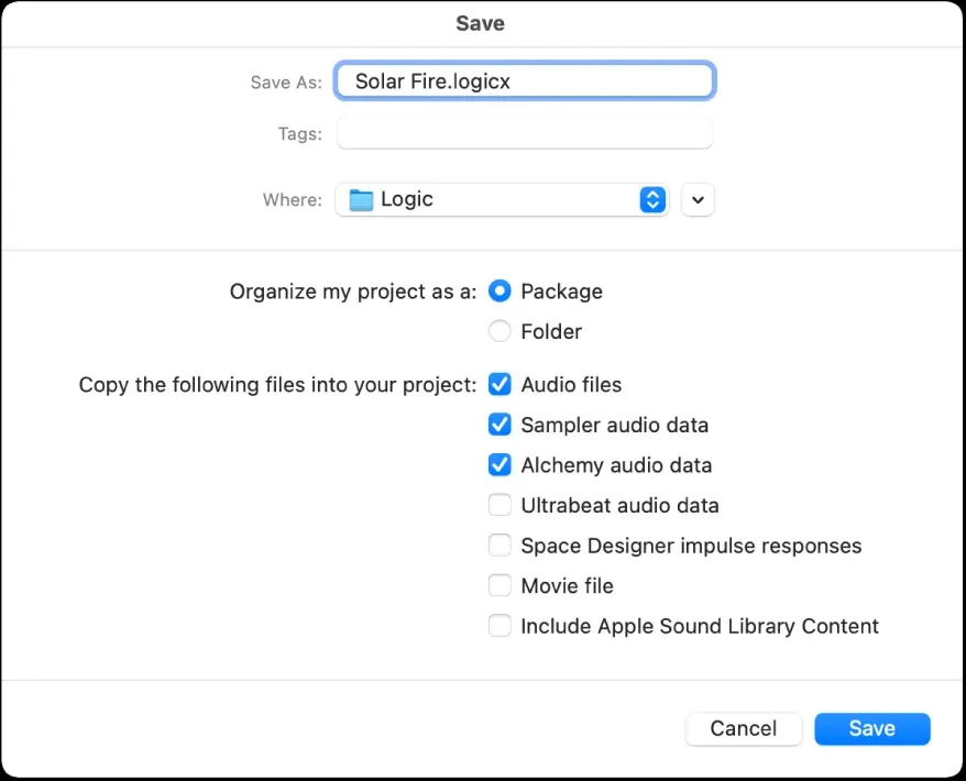 Logic Pro Save dialog with Package, Folder and project asset checkboxes