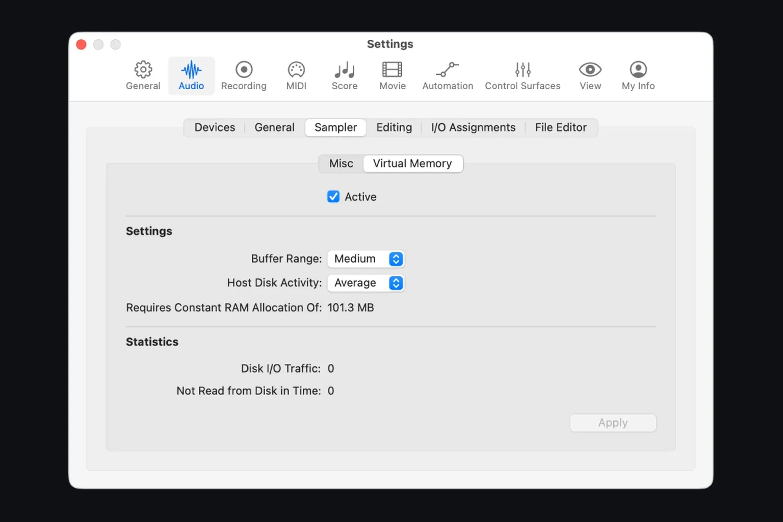 Logic Pro Sampler Virtual Memory settings with disk activity statistics