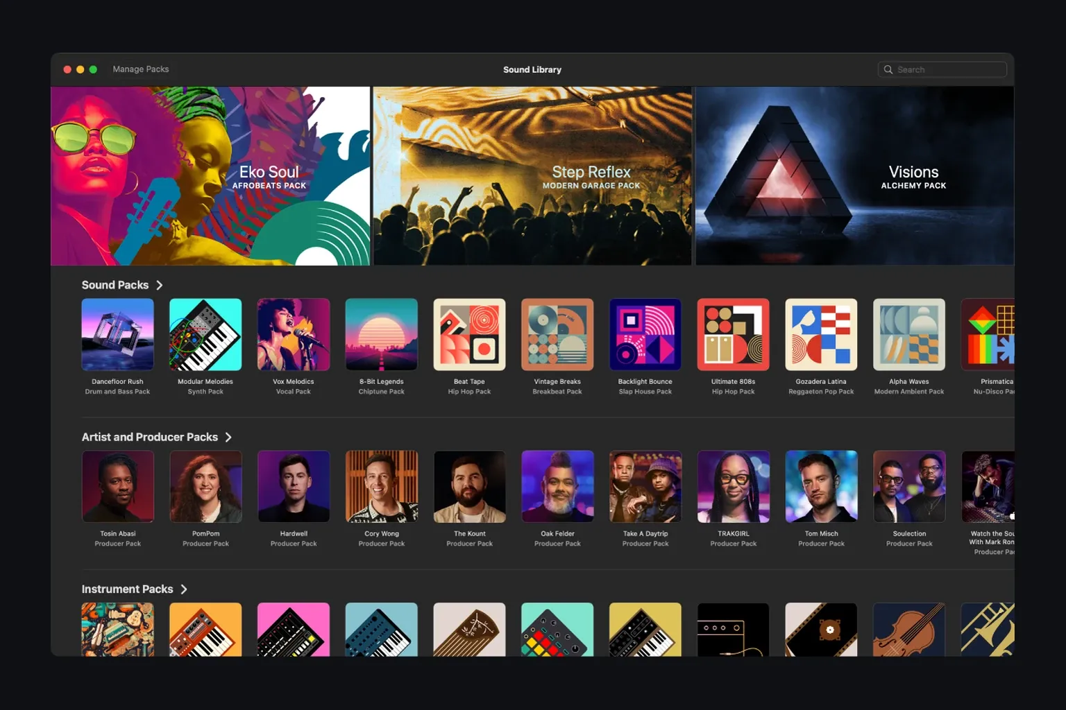 Logic Pro Sound Library showing searchable sound packs that can be installed individually