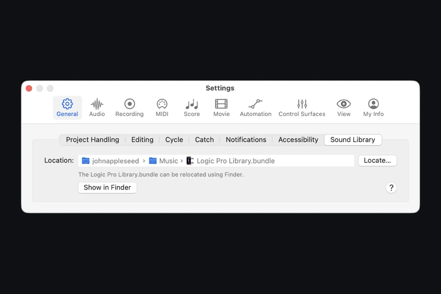 Logic Pro Sound Library settings showing its current storage location and Locate control