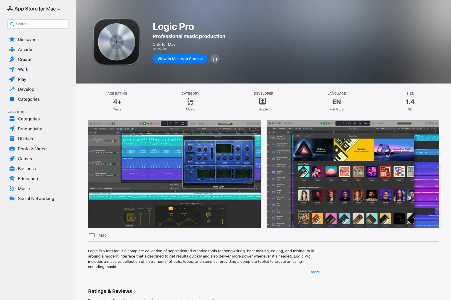 Mac App Store listing showing Logic Pro priced at $199.99