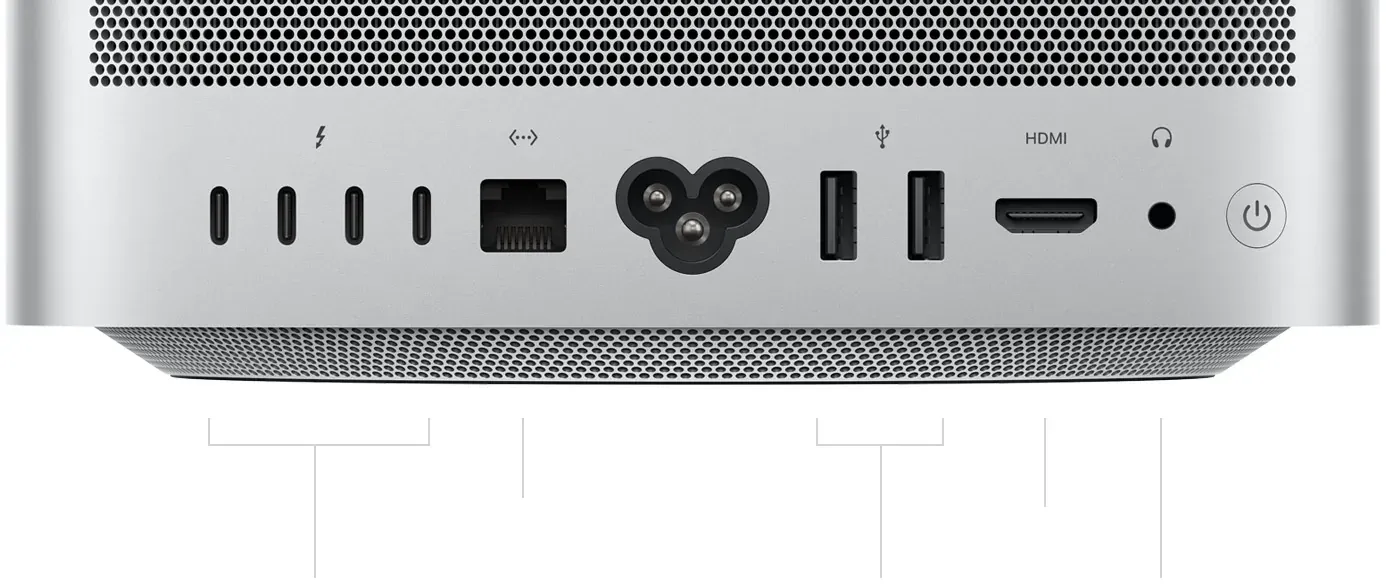 Mac Studio rear panel with four Thunderbolt 5 ports, Ethernet, USB-A, HDMI and headphone jack