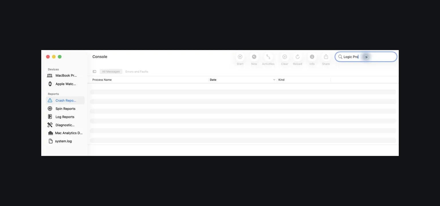 Current macOS Console with Crash Reports selected and Logic Pro search filter applied