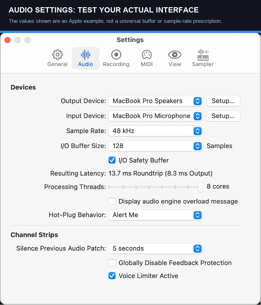 MainStage Audio settings with interface, sample rate, buffer and latency controls