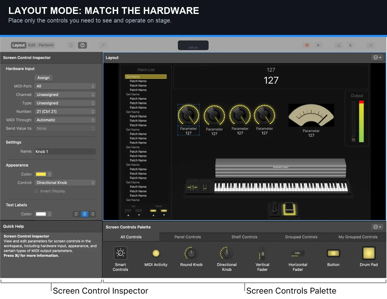 MainStage Layout mode with screen controls and hardware input inspector