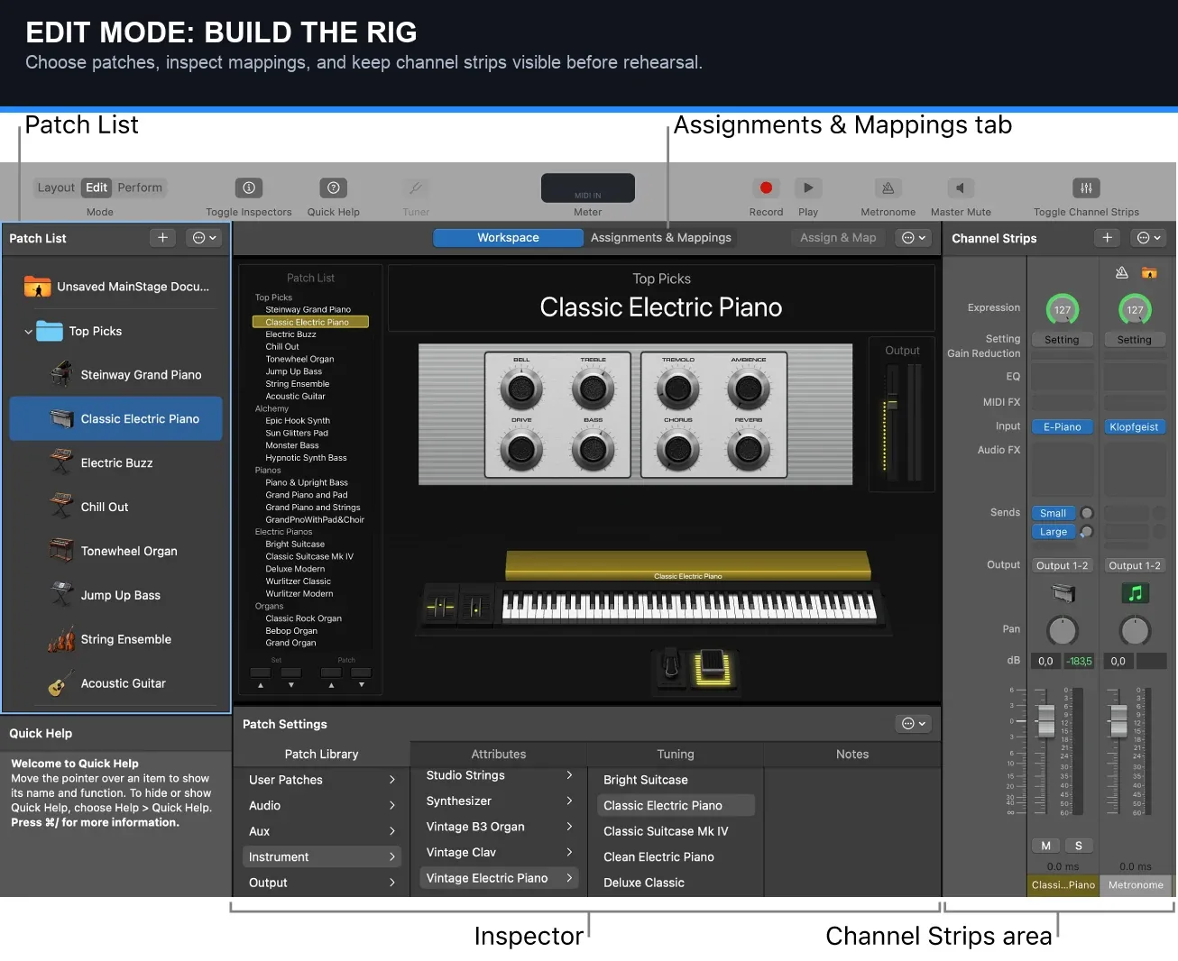 MainStage Edit mode with Patch List, workspace, inspector and channel strips