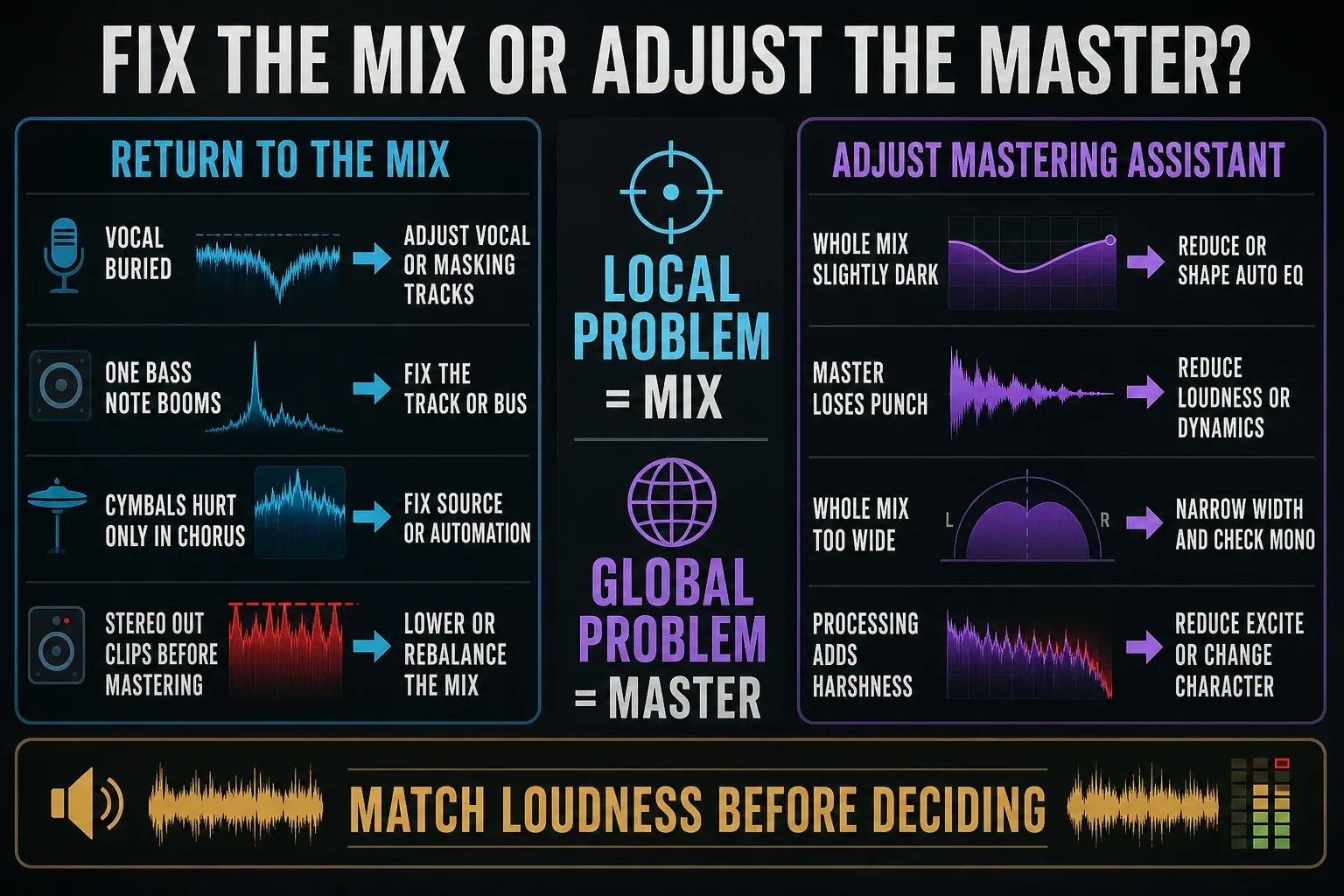 Decision guide for returning local vocal, bass, cymbal and clipping problems to the mix versus adjusting global Mastering Assistant tone, dynamics, width or character