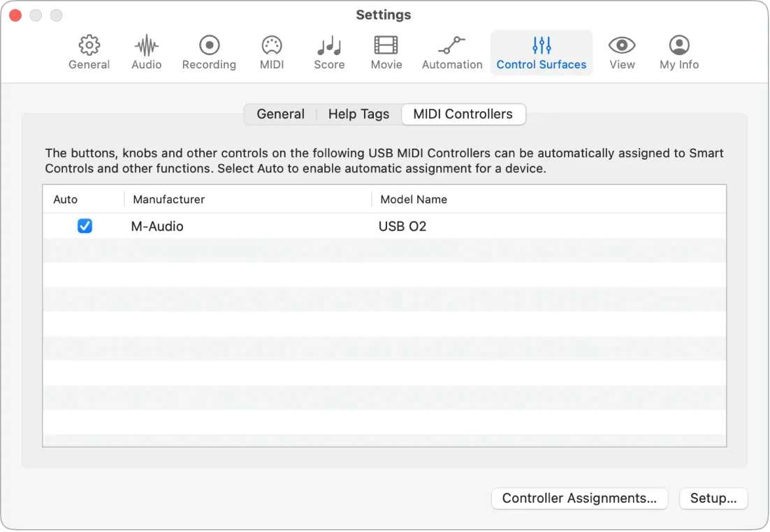 Logic Pro MIDI Controllers settings with Auto, Controller Assignments, and Setup controls