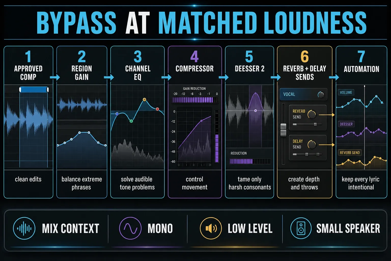 Decision chain for mixing vocals in Logic Pro from approved comp and region gain through EQ, compression, de-essing, sends and automation