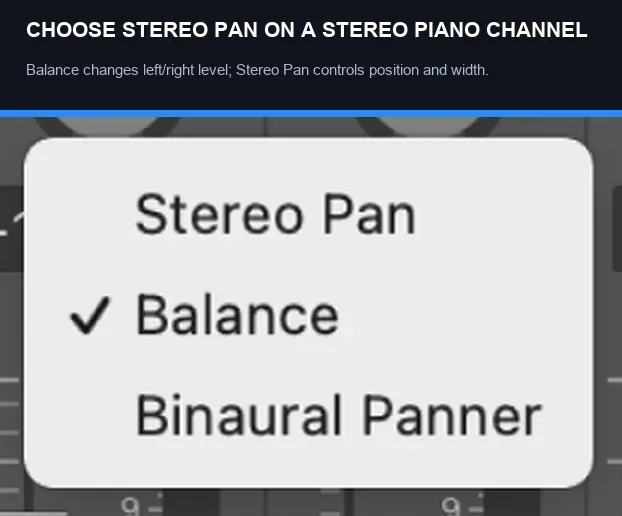 Logic Pro channel strip panning mode menu with Stereo Pan selected