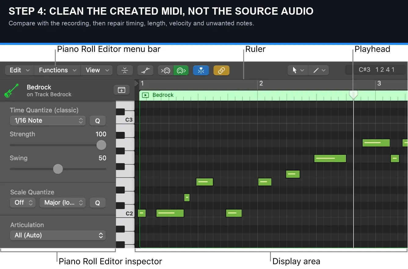 Logic Pro Piano Roll Editor used to clean audio-to-MIDI notes
