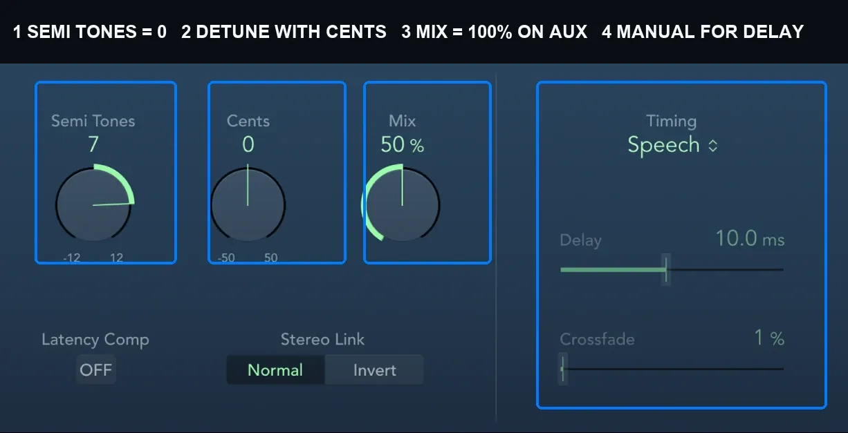 Logic Pro Pitch Shifter controls for cents, mix and timing
