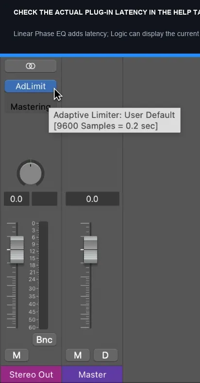 Logic Pro plug-in help tag displaying processing latency