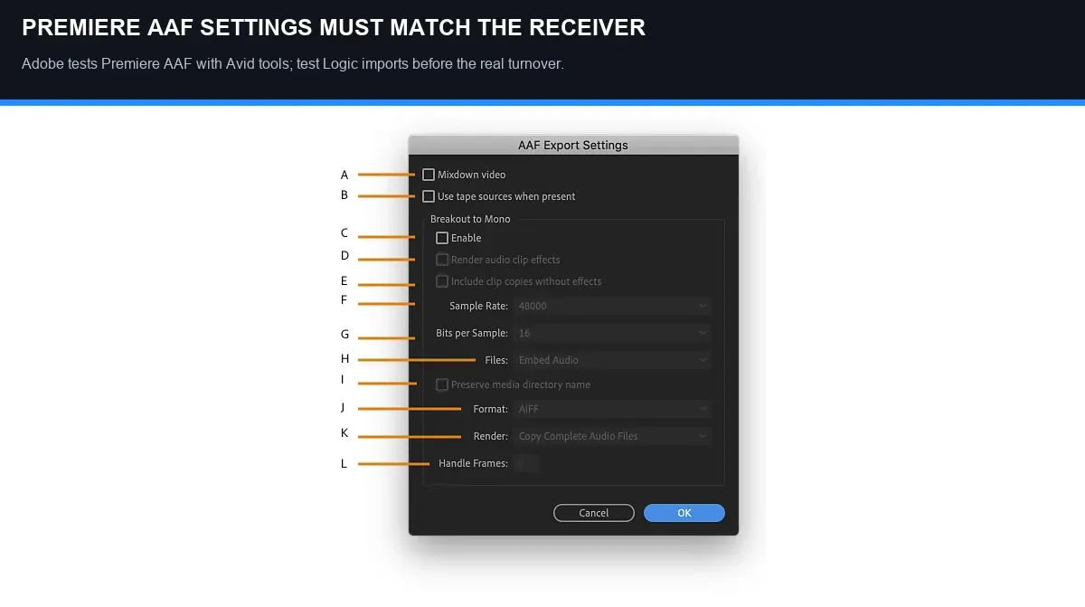 Adobe Premiere AAF Export Settings with Breakout to Mono media format and handle options