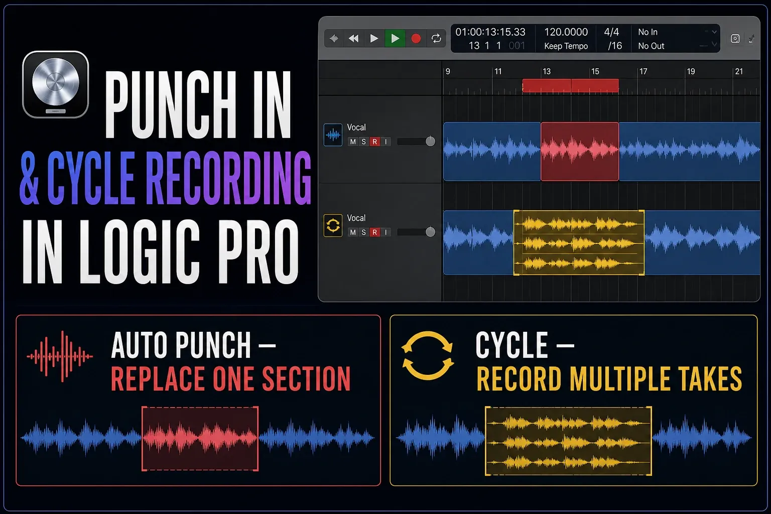 Audio waveform with a red punch range inside a yellow cycle range