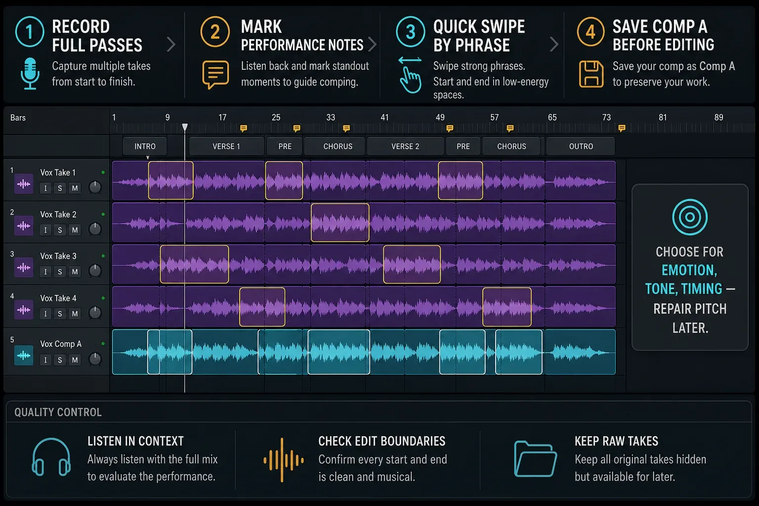 Logic Pro vocal take folder workflow for full passes, performance notes, phrase comping and a protected Comp A