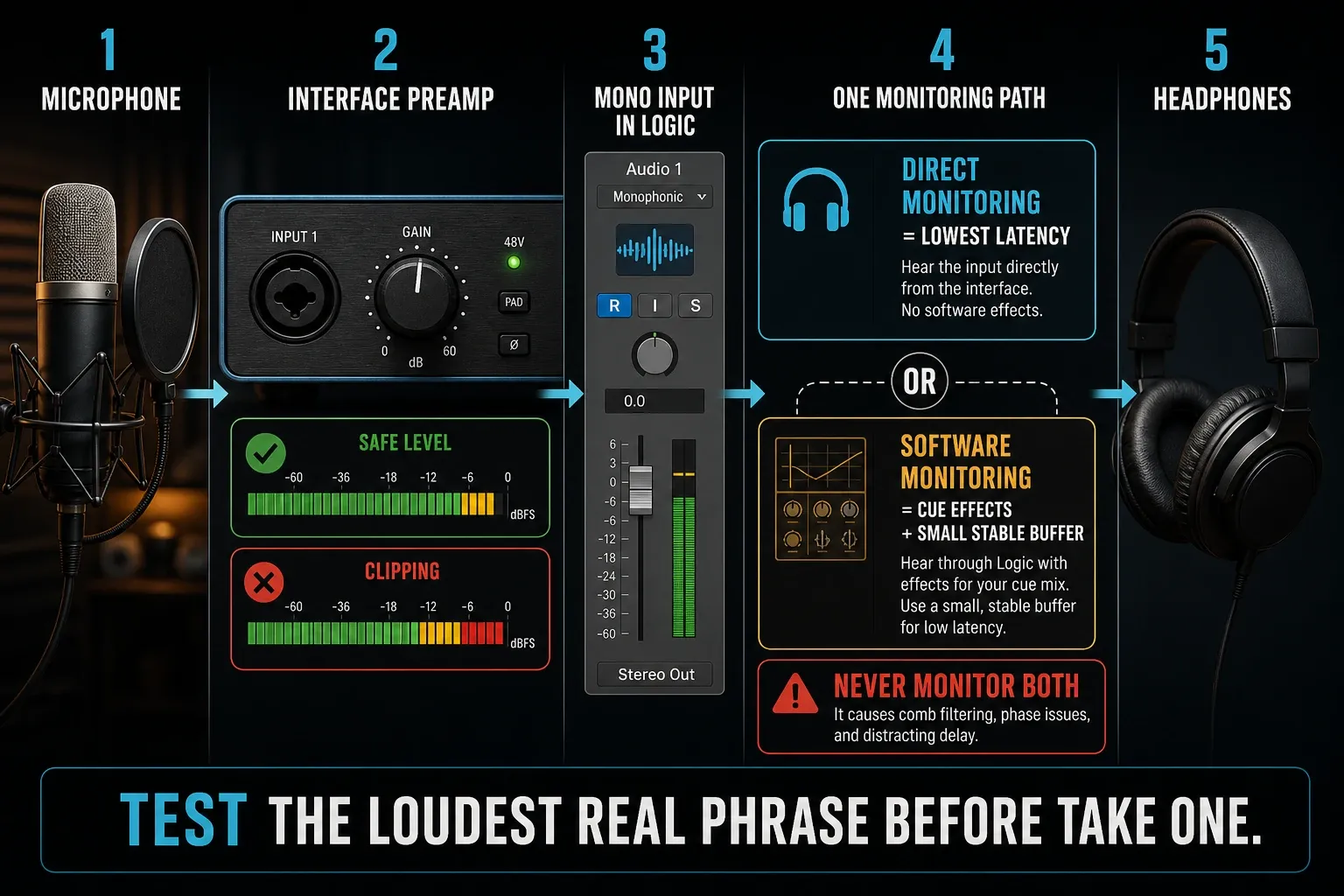 Vocal recording signal path from microphone and interface preamp to a mono Logic Pro track and one headphone monitoring route