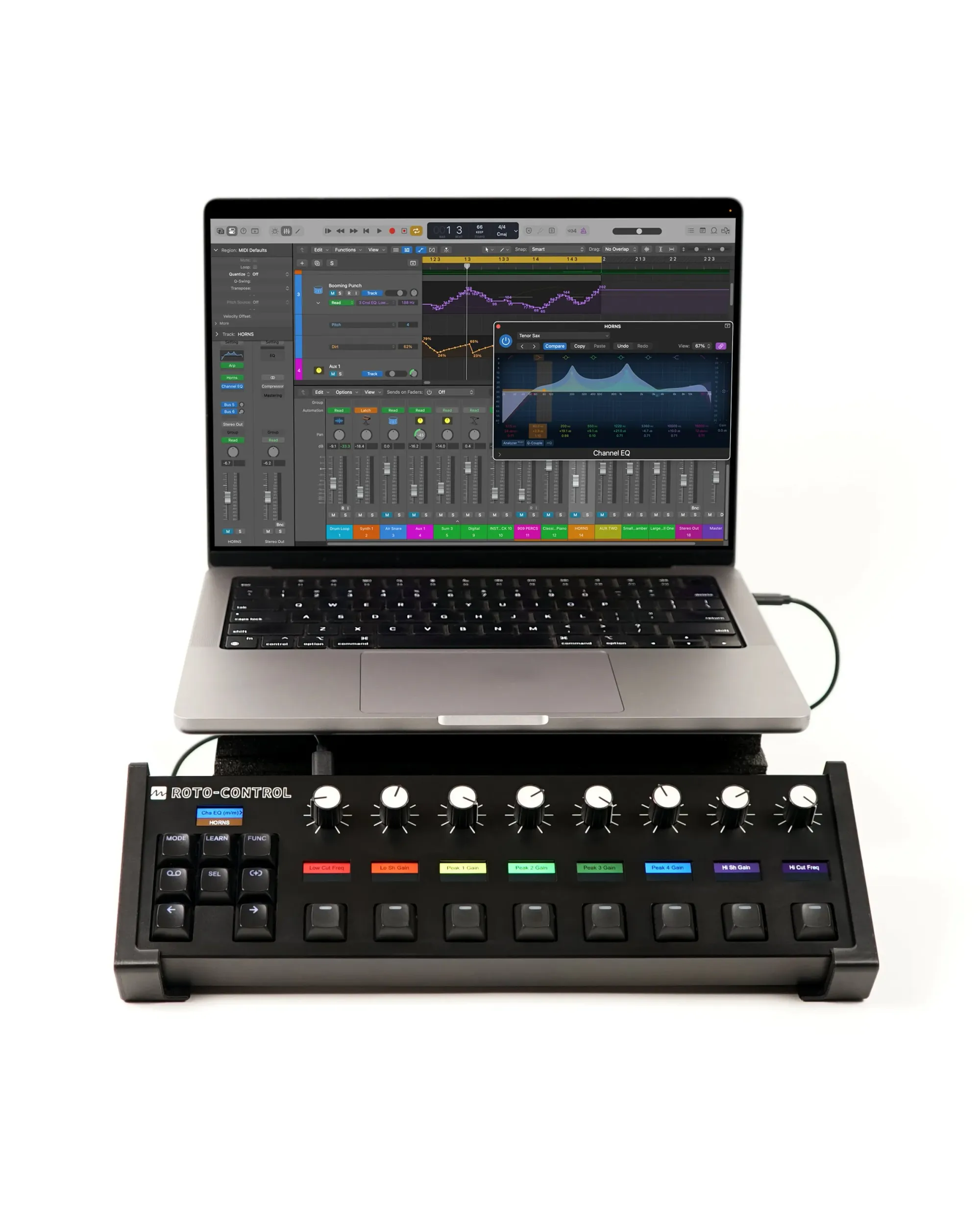 ROTO-CONTROL hardware connected to an English Logic Pro mixer and Channel EQ