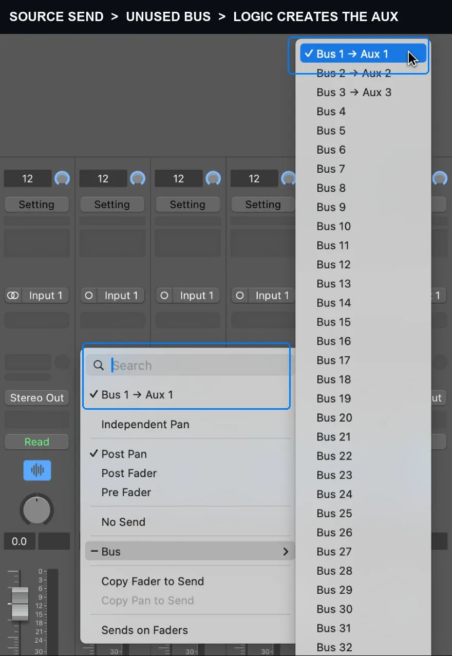 Logic Pro send menu choosing an unused bus for an ADT aux