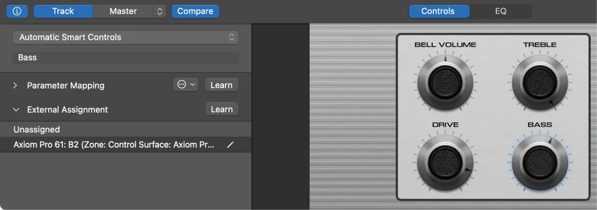Logic Pro Smart Controls inspector with External Assignment and Learn selected