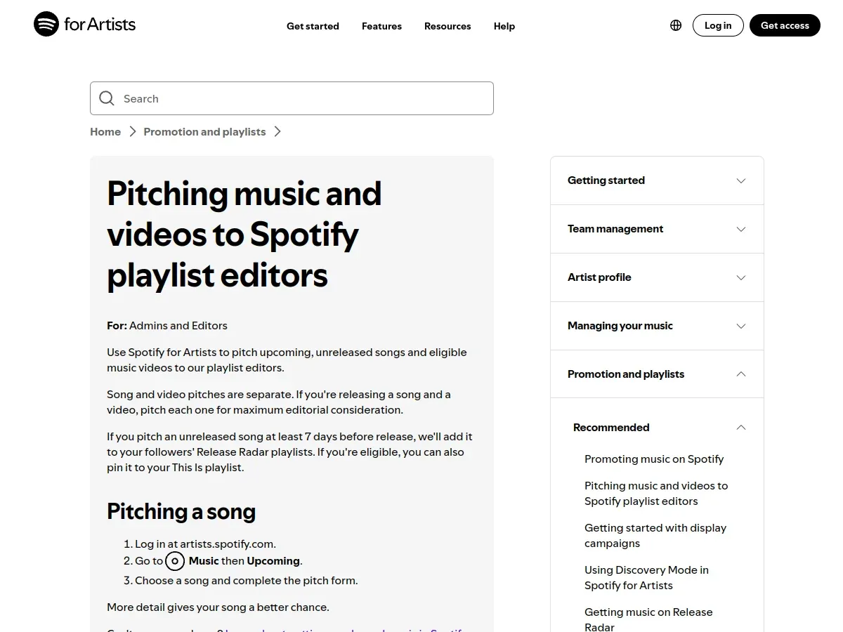 Spotify playlist pitch page with the seven-day release rule