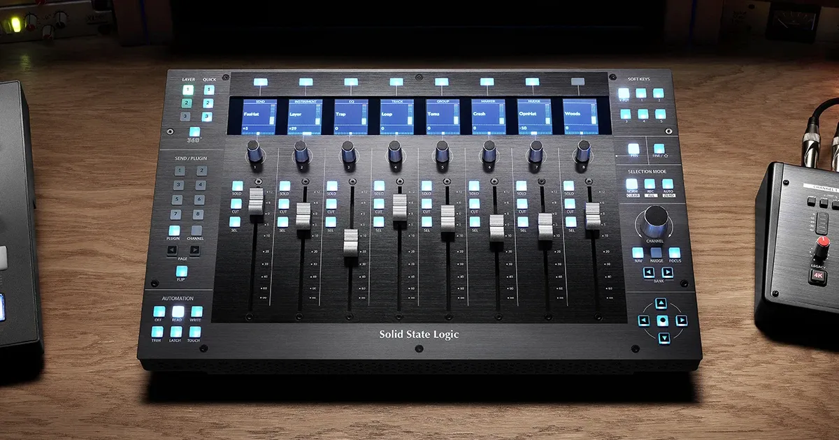 SSL UF8 eight-fader control surface with color track displays and encoders