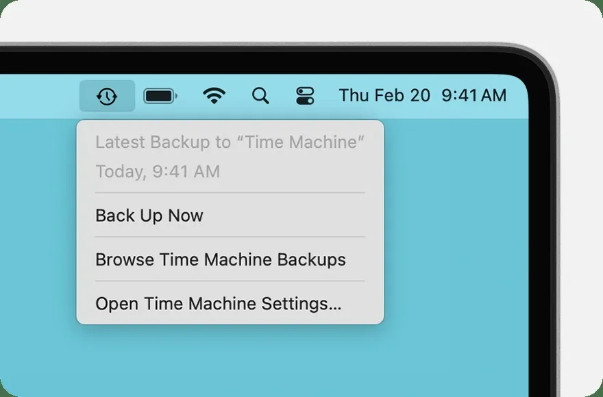 Time Machine menu with latest backup time, Back Up Now and Browse Time Machine Backups