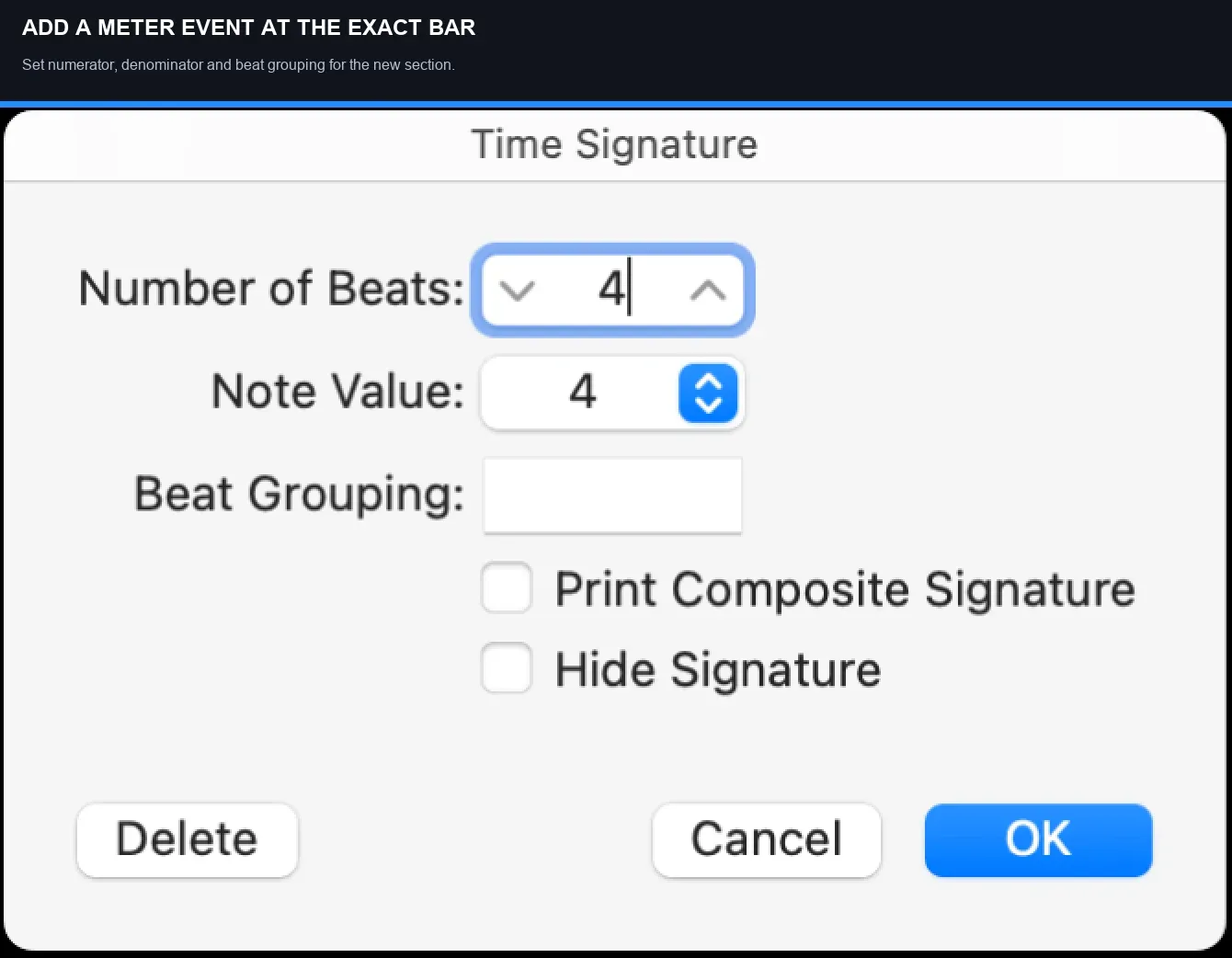 Logic Pro Time Signature dialog for a mid-song meter change