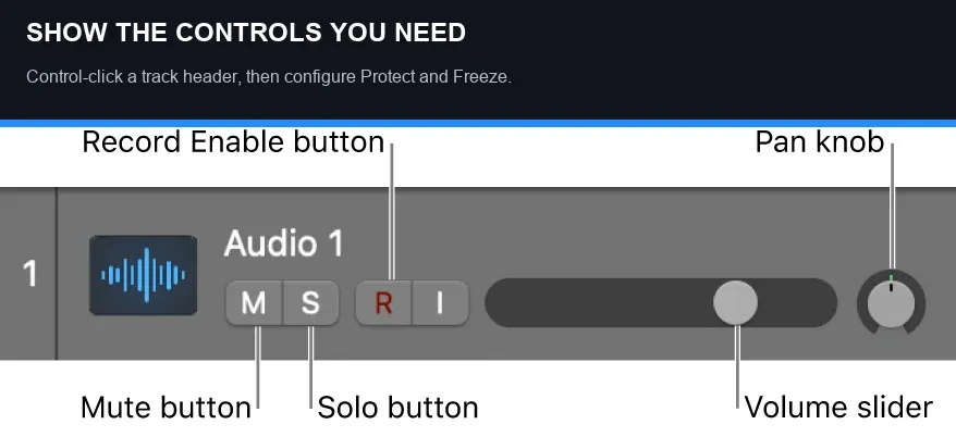 Logic Pro track header controls configuration for Protect and Freeze