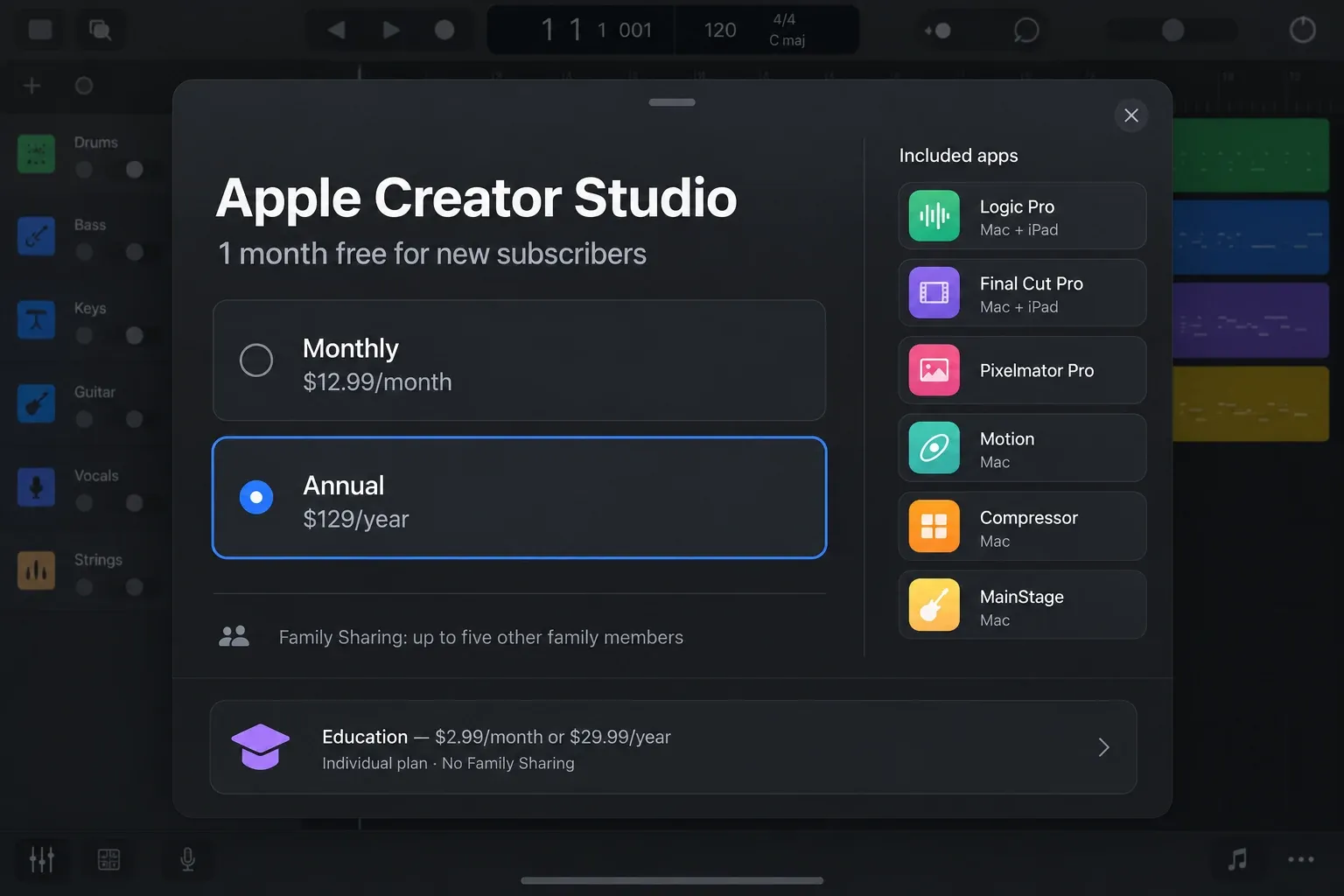 Apple Creator Studio subscription choices for Logic Pro on iPad, including trial, monthly, annual and education plans