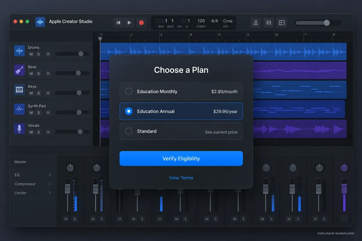 Apple Creator Studio education plan showing $2.99 monthly and $29.99 annual pricing