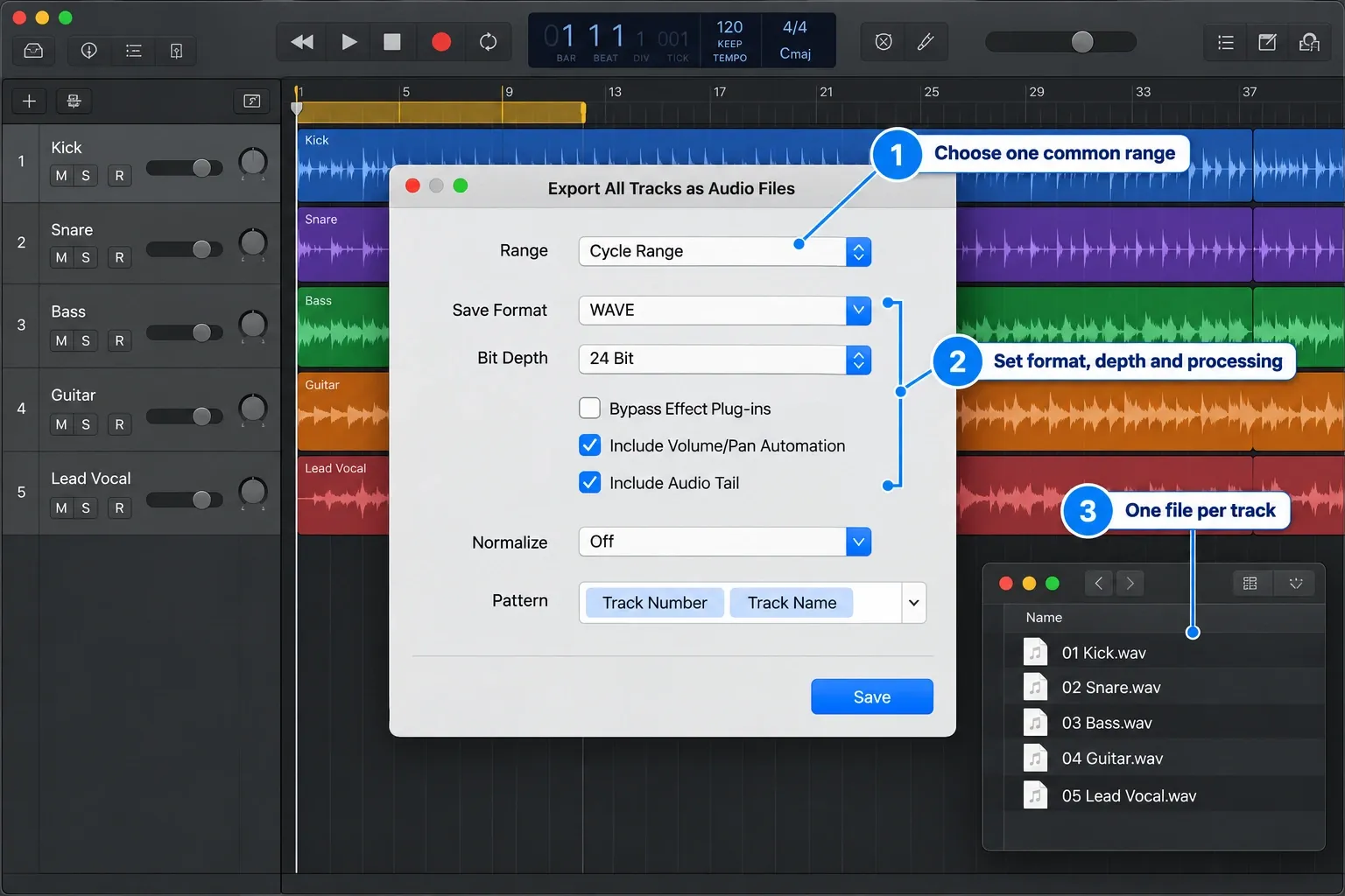 Logic Pro All Tracks as Audio Files export dialog with WAV, bit depth, effects, automation and filename settings