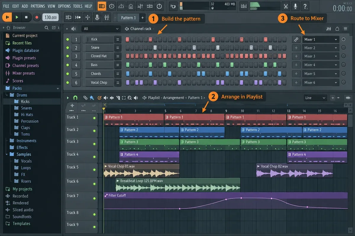 FL Studio arrangement workflow with Channel Rack patterns, Playlist clips, automation, and Mixer routing