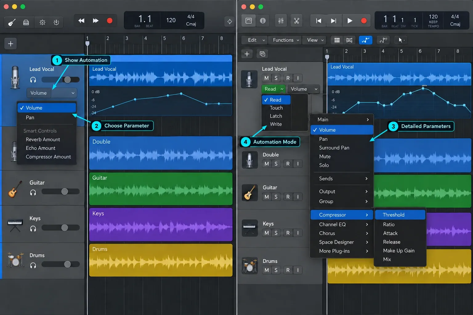GarageBand and Logic Pro automation comparing a simple volume lane with multiple editable automation parameters