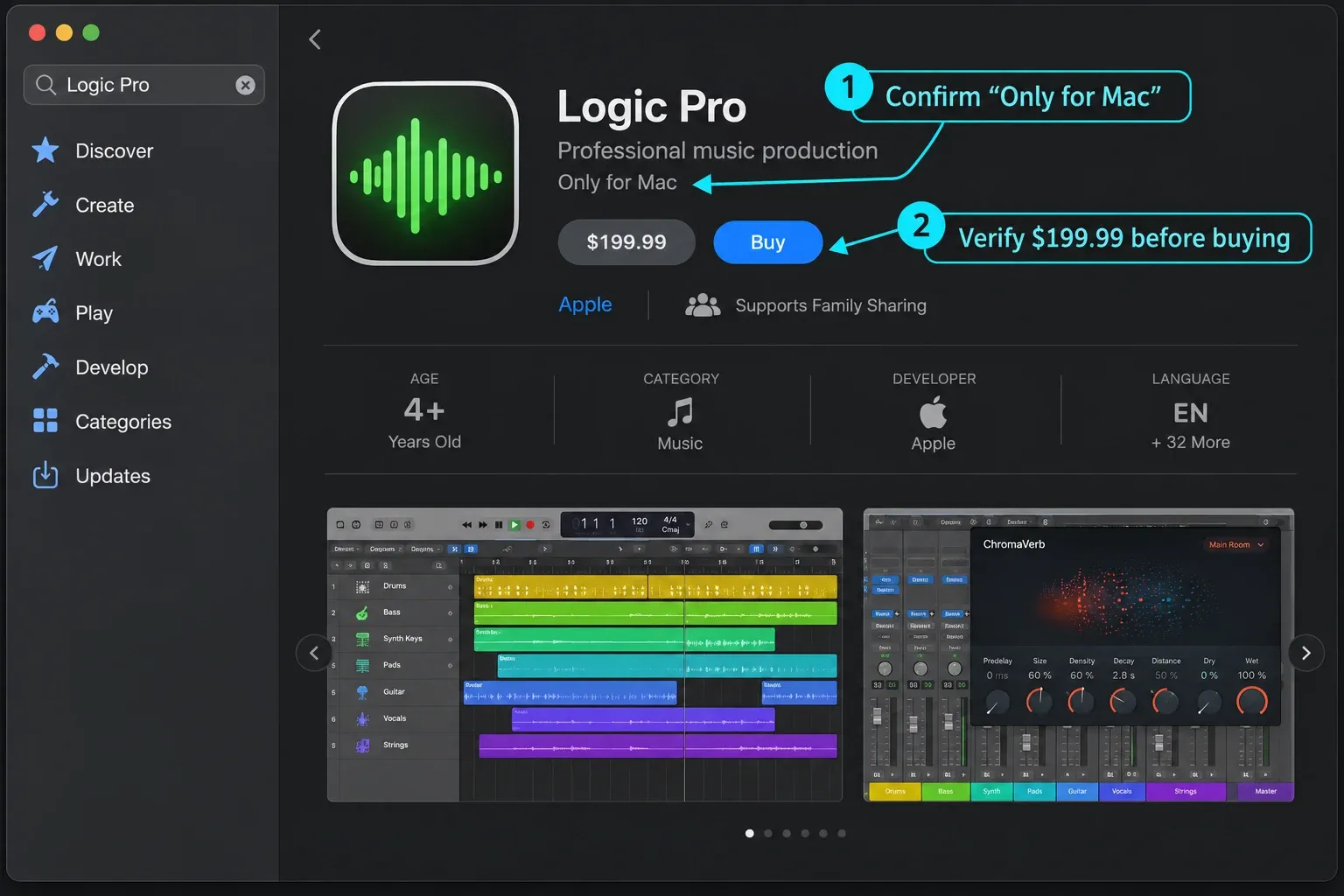 Mac App Store showing the $199.99 one-time Logic Pro purchase and the Only for Mac label