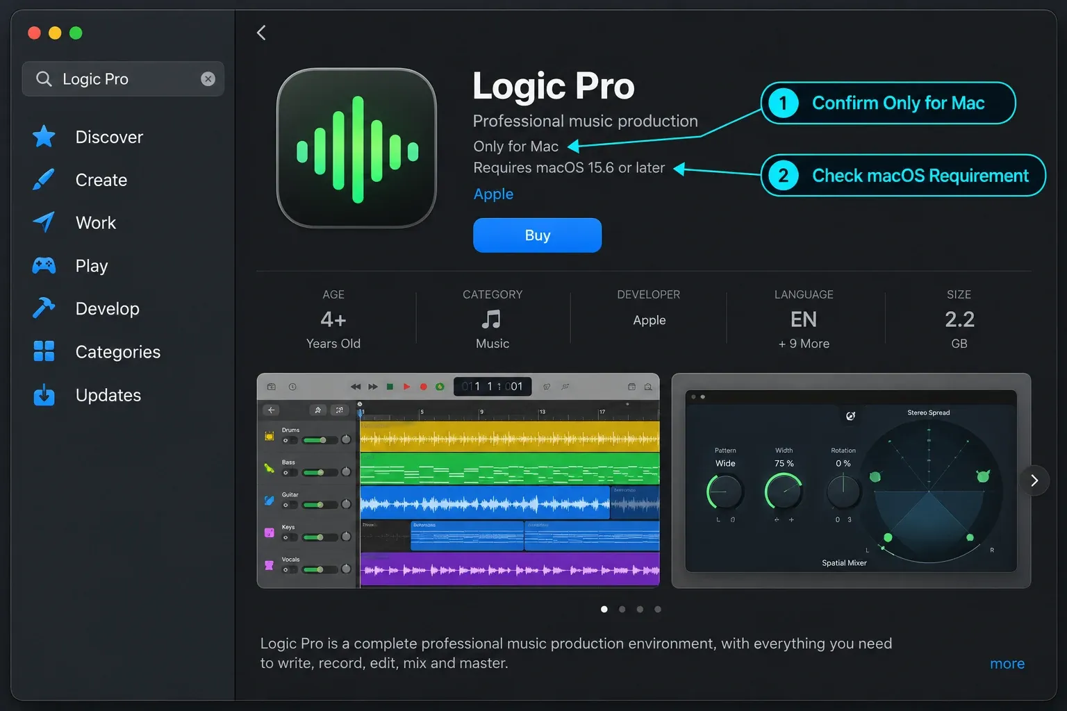 Mac App Store showing Logic Pro marked Only for Mac and requiring macOS 15.6 or later