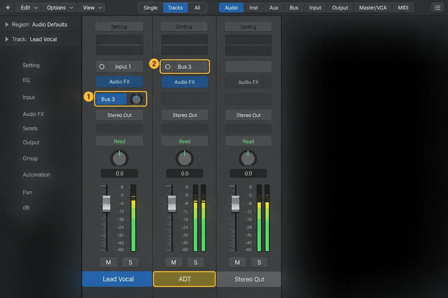 Illustrated Logic Pro Mixer showing a Lead Vocal send through Bus 3 to a stereo ADT aux