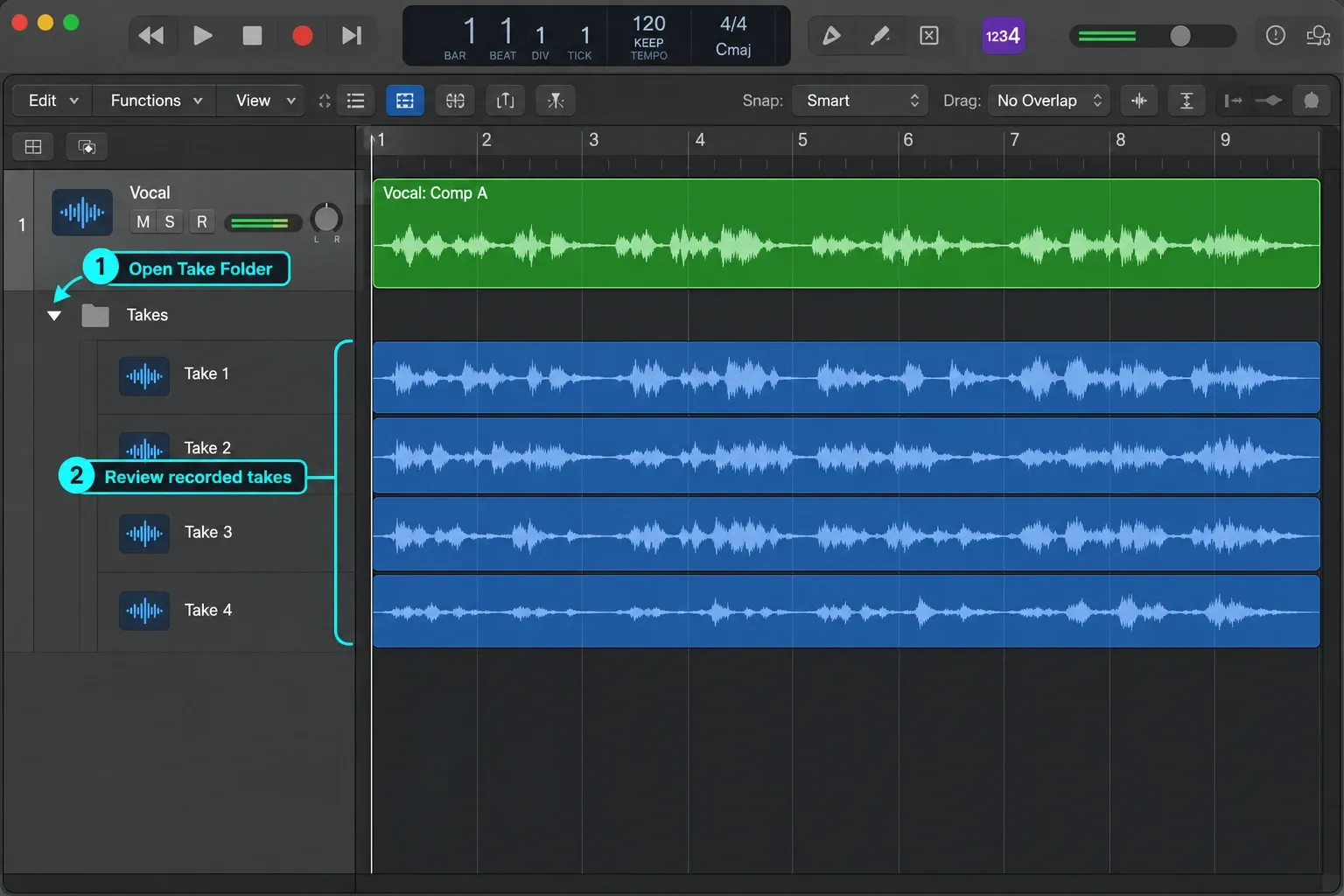 Logic Pro showing an open audio take folder with four take lanes