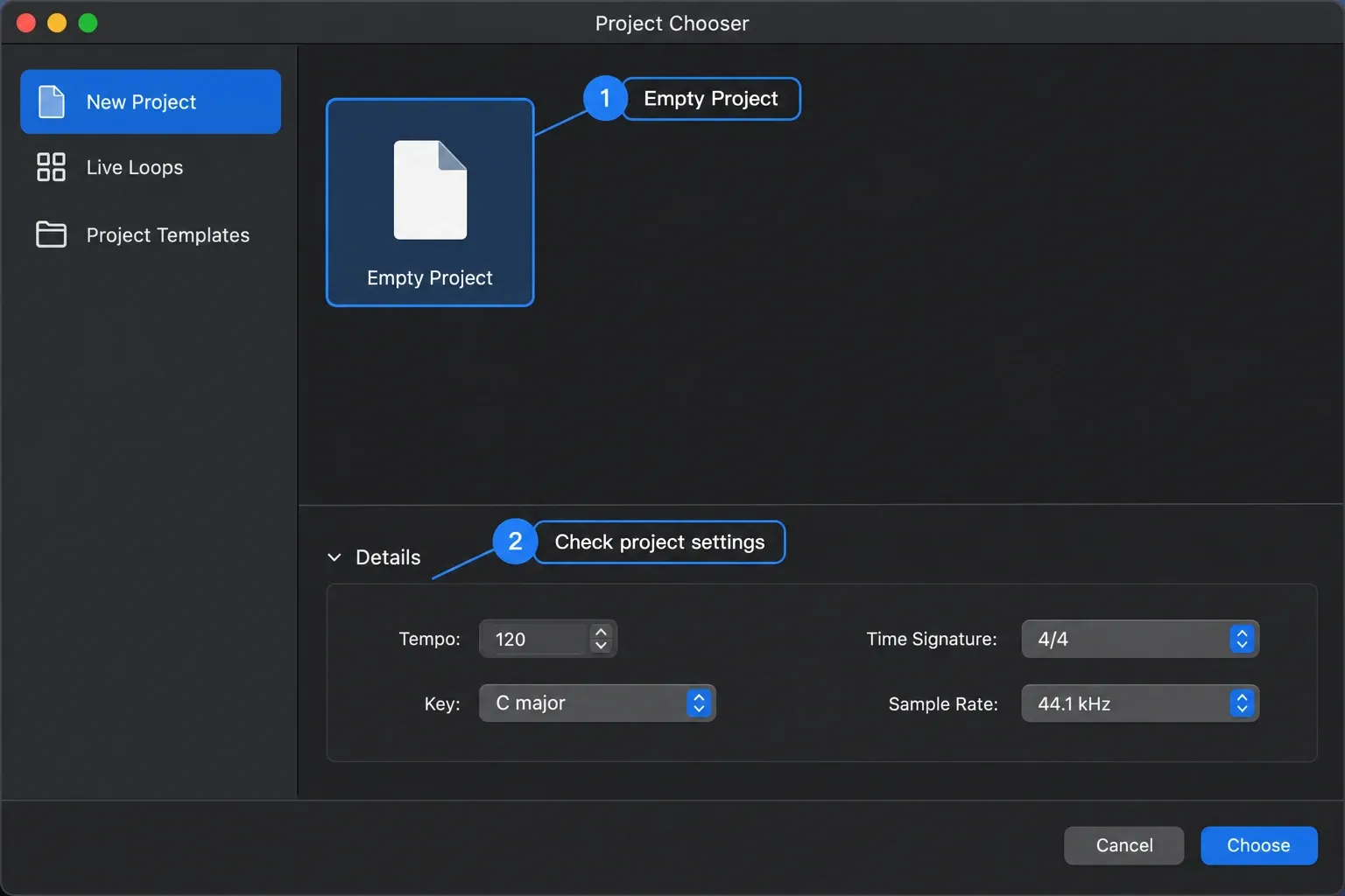 Logic Pro showing Project Chooser with Empty Project selected and tempo, key, time signature and sample rate settings highlighted